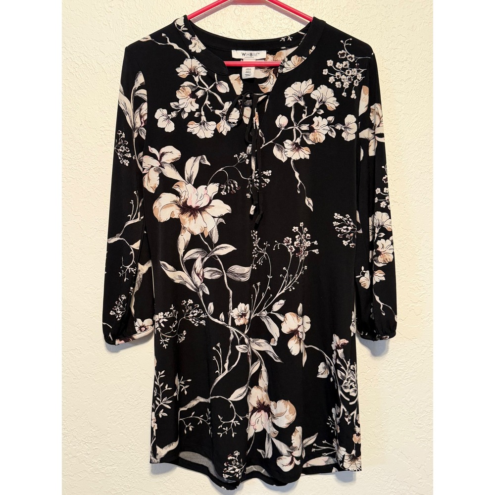 White House Black Market WHBM Black Floral Tunic Top 3/4 Sleeve Small 804632